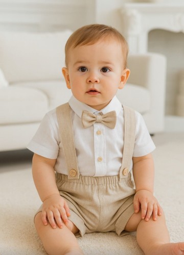 Lniany beżowy komplet do chrztu dla chłopca na lato Emanuel 