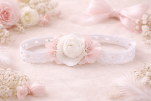 Opaska do chrztu Różany bukiecik biały 