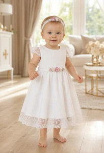 Flora sukienka do chrztu  + opaska + pasek do sukienki pink
